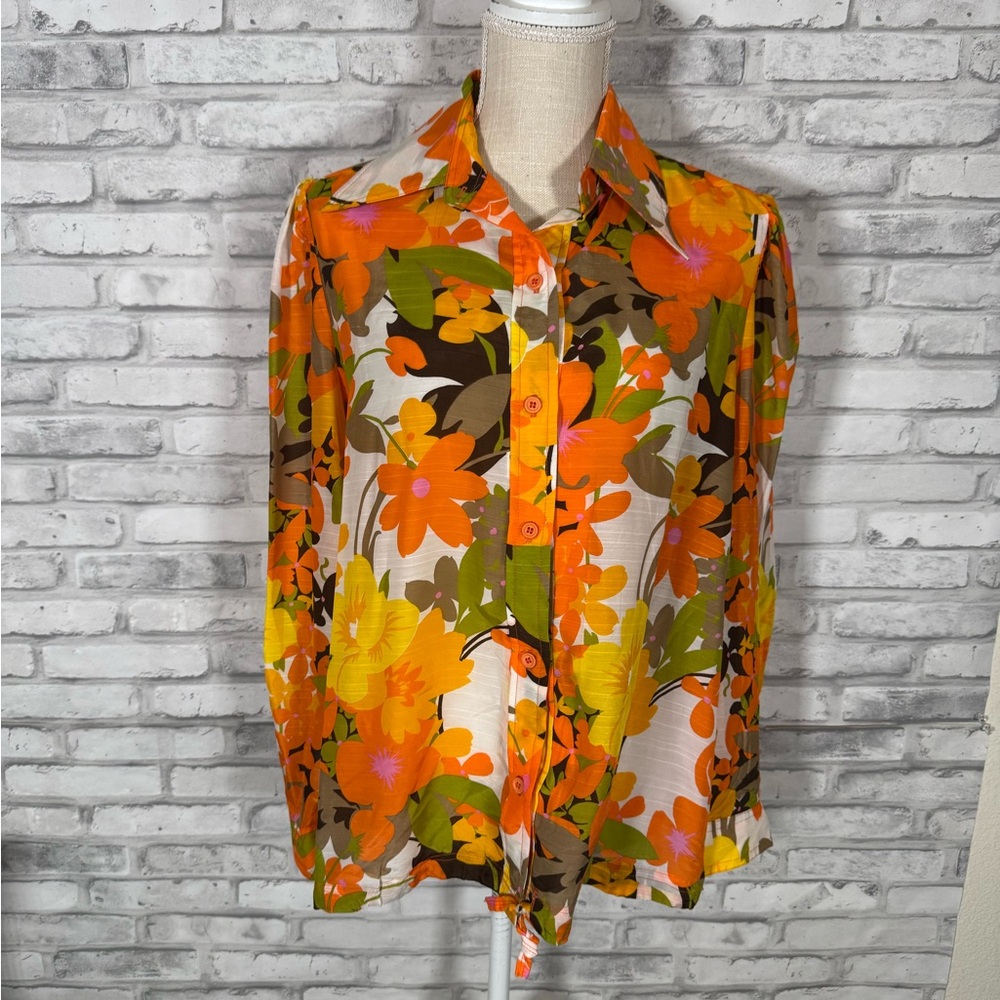 Floral Button-Up Orange and Green Blouse